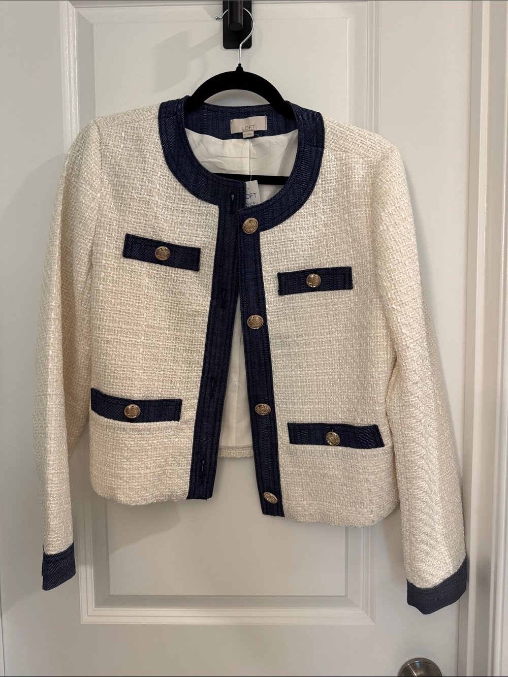 NWT LOFT Denim Trimmed Tweed Jacket - Picture 5 of 13